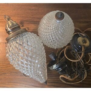 Vintage Diamond Cut Glass Pendant Light Fixture Hanging Swag Lamp Set of 2